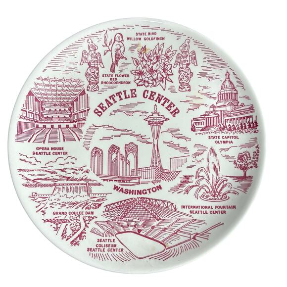 Seattle Center Red Transferware Vernon Kilns Vintage Plate - Washington Souvenir - Picture 1 of 8
